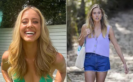 Blonde woman smiling in green top; same woman walking in casual outfit with concerned look in beach setting.