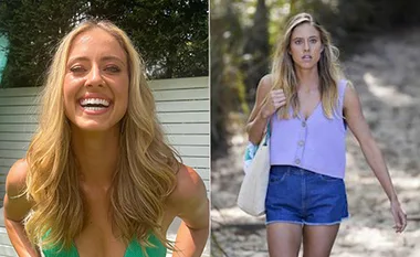 Blonde woman smiling in green top; same woman walking in casual outfit with concerned look in beach setting.