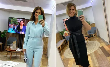 Person taking mirror selfies in stylish outfits; one in pastel blue, the other in black with a ribbon detail.