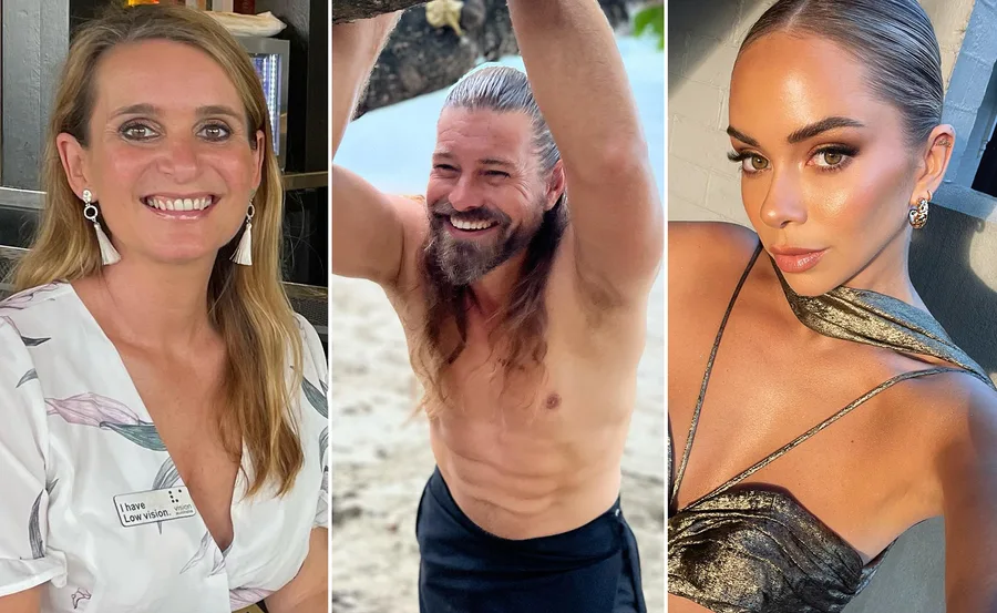 Three-person collage: woman smiling, man on beach, and woman in glittery top.