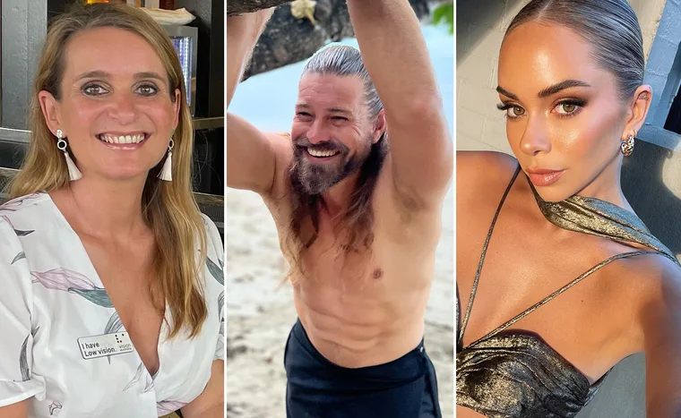 Three-person collage: woman smiling, man on beach, and woman in glittery top.