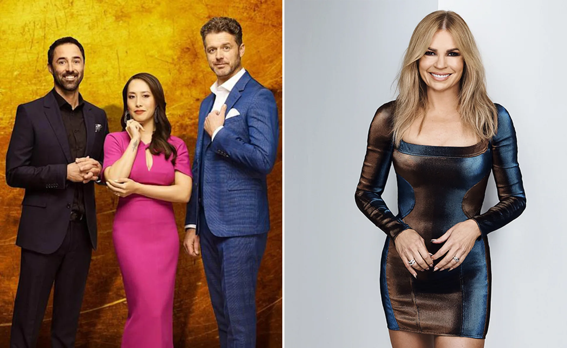 Judges from MasterChef Australia and a solo female presenter in a fitted dress against a neutral backdrop.