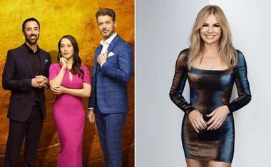 Judges from MasterChef Australia and a solo female presenter in a fitted dress against a neutral backdrop.
