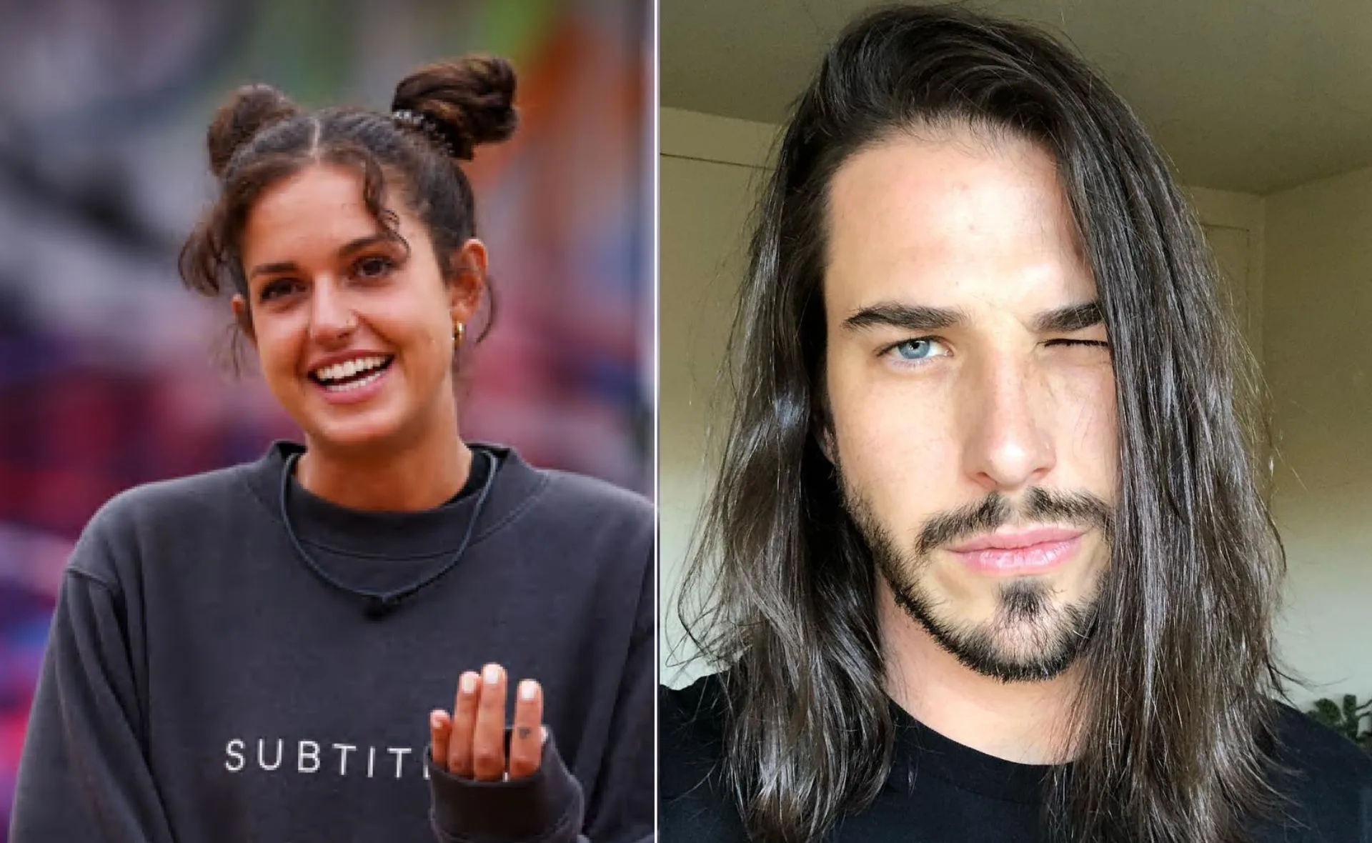 Two individuals side by side; one smiling with a topknot hairstyle, the other with long hair and a subtle wink.
