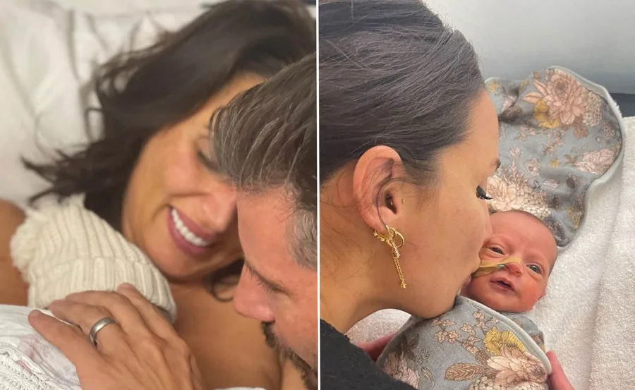"A couple bonding with their newborn in a hospital bed, and a mother kissing her swaddled newborn."