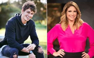 Two side-by-side portraits: young man in blue hoodie seated outdoors, woman in bright pink top smiling indoors.