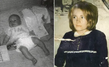 Two photos: a baby lying on a blanket and a young girl with short hair in a dark dress.