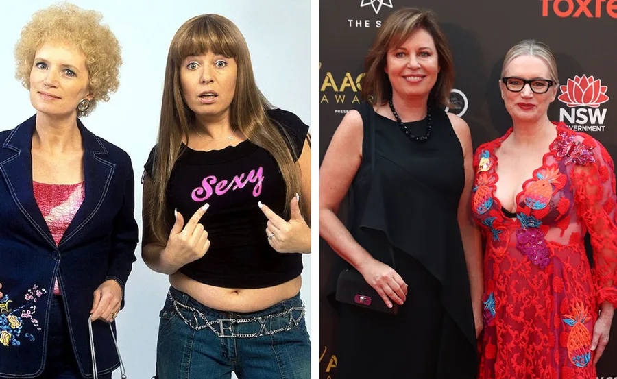 "Two women in character from 'Kath and Kim' on left and at an event on right, showing before and after transformation."