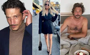 Three individuals: a man in a turtleneck, a woman in a black dress outdoors, and a shirtless man in bed with breakfast.