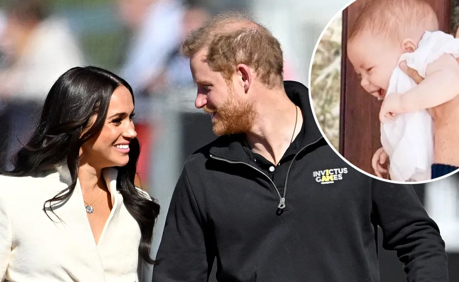 Couple smiling at each other, with an inset of a laughing baby in white clothing.