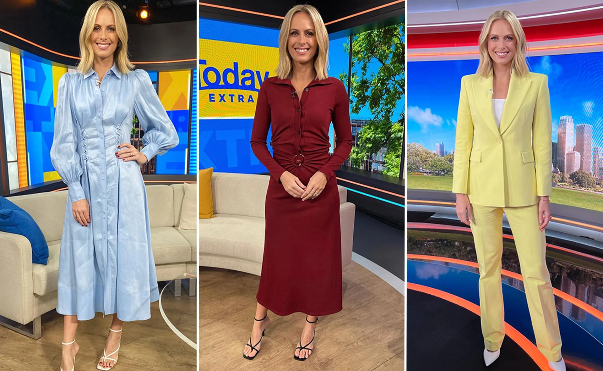 Woman in a blue dress, burgundy outfit, and yellow suit on a TV set with vibrant backgrounds.