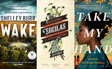 Three book covers: "Wake" by Shelley Burr depicting a rural landscape; "Sheilas" with birds; "Take My Hand" by Dolen Perkins-Valdez showing a woman.