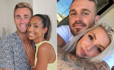 Couple photos from Love Island Australia. One pair smiling, the other embracing warmly.