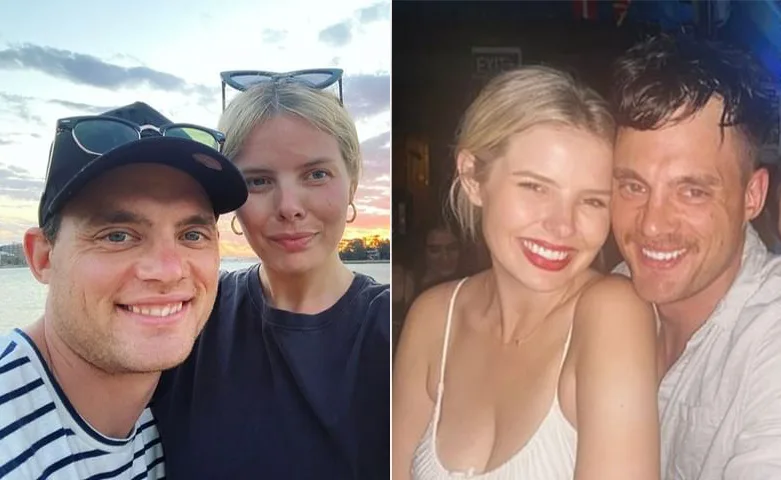 Couples smiling together; one pair outside at sunset, the other indoors at an event.