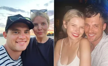Couples smiling together; one pair outside at sunset, the other indoors at an event.