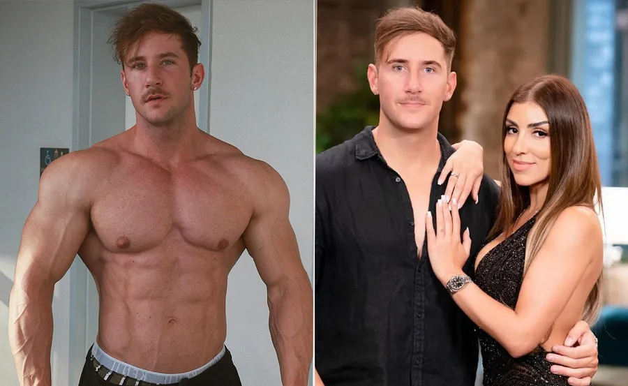 Shirtless man showing muscular physique; couple embracing, both smiling.