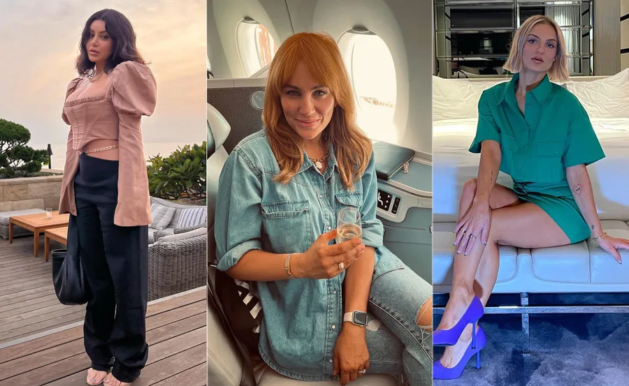 Three women posing stylishly: Left, in beige jacket and black pants; center, in denim outfit holding a drink; right, in green dress.