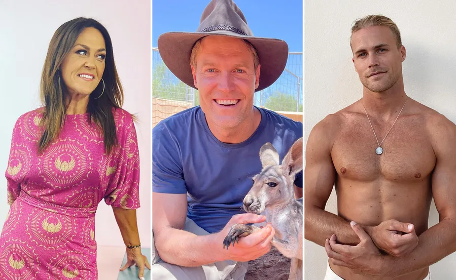 Three individuals: a woman in pink, a man with a hat cuddling a kangaroo, and a shirtless man with a necklace.