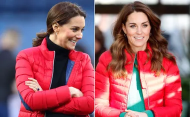 Woman in a red puffer jacket, smiling outdoors, hair styled in different ways in two images side by side.