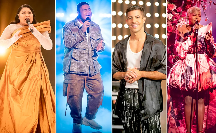 Four finalists from "The Voice 2022" performing on stage in stylish outfits.