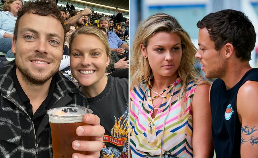 "Two side-by-side images: a couple at a sports event, and a scene from 'Home and Away' with the same actors."