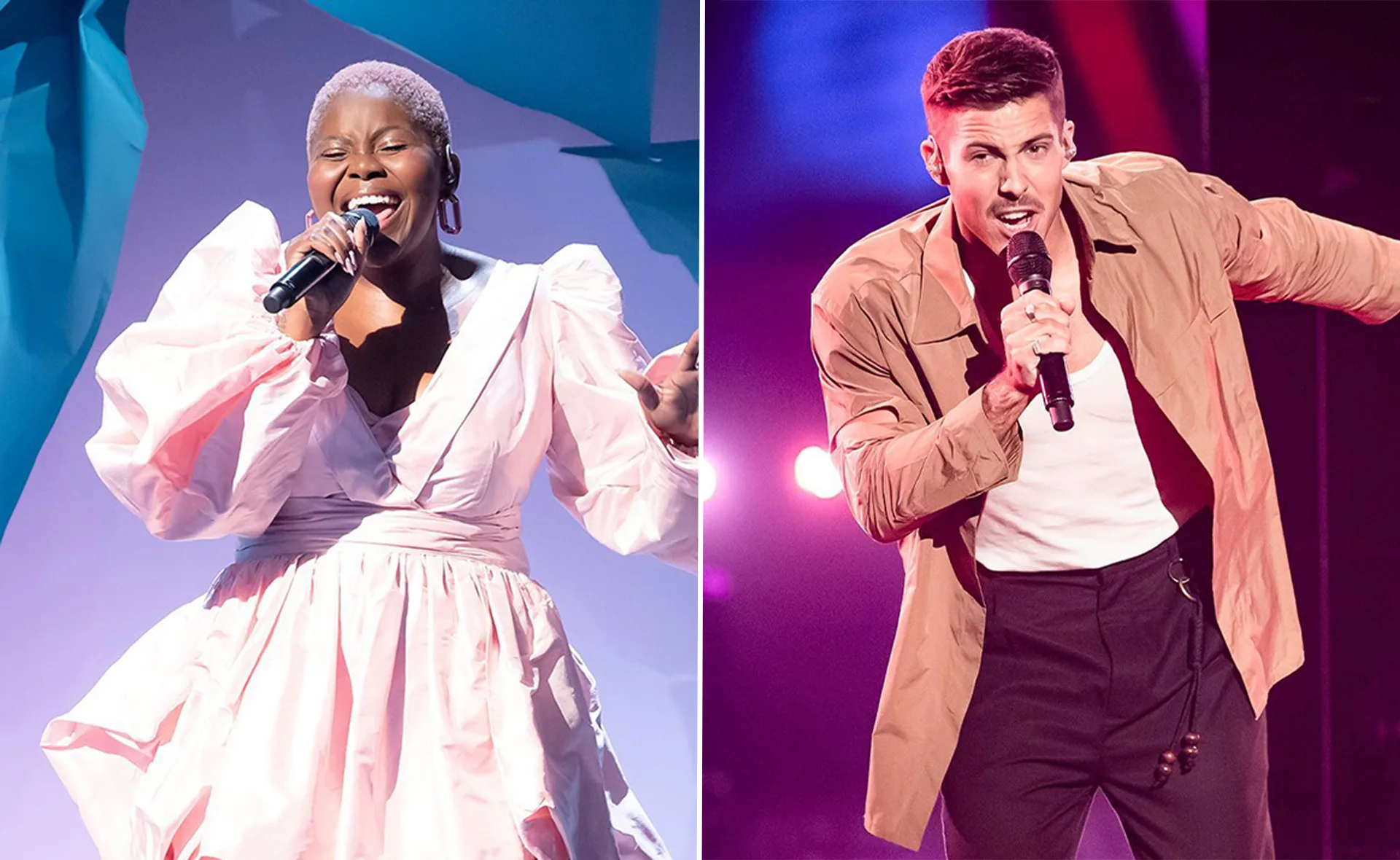 Singers perform on stage during The Voice 2022, with vibrant lighting and expressive gestures.