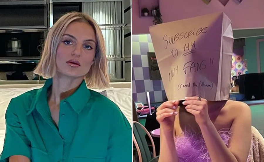 "Two women; one with short blonde hair in green shirt, another covering face with paper bag reading 'Subscribe to my OnlyFans'."