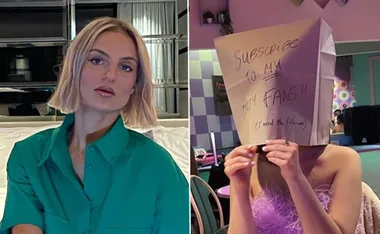 "Two women; one with short blonde hair in green shirt, another covering face with paper bag reading 'Subscribe to my OnlyFans'."