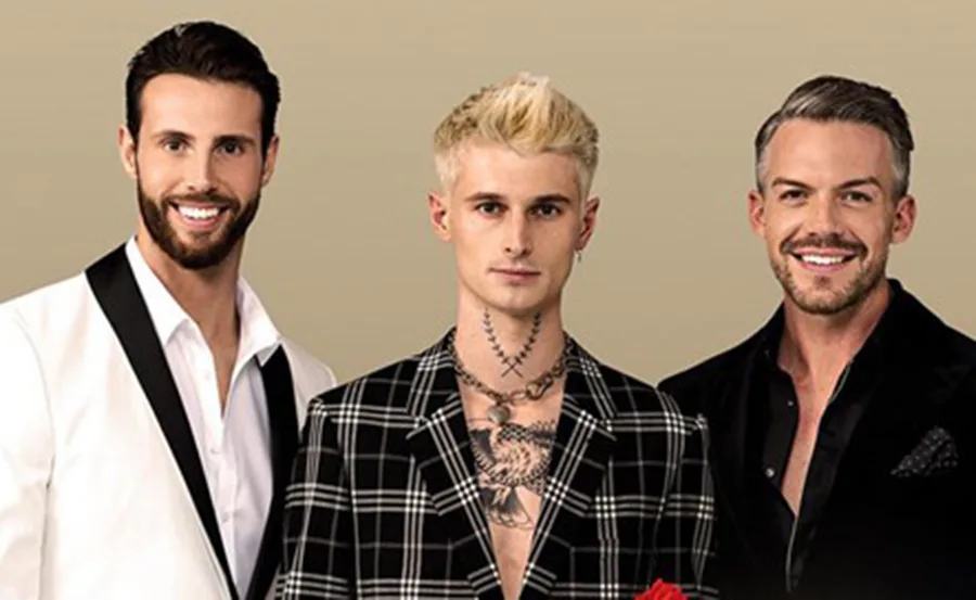Three men in formal attire pose against a beige background.
