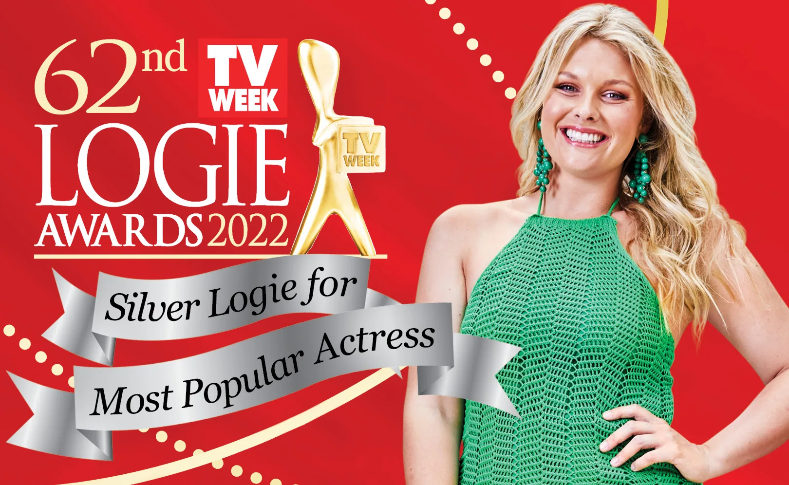 "62nd Logie Awards 2022 nomination for Silver Logie Most Popular Actress, woman in green dress smiling."