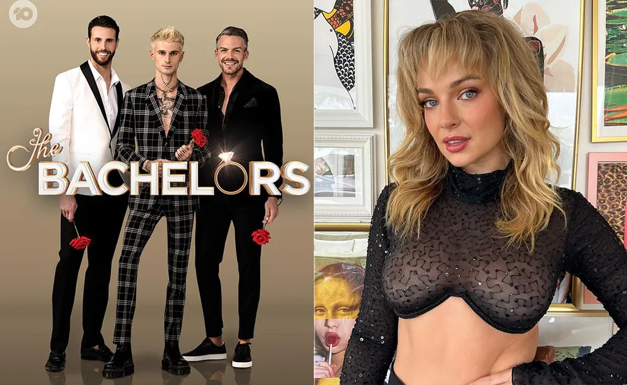 Three male contestants holding roses from "The Bachelors" 2022 and a woman in a black top.