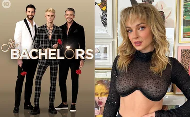 Three male contestants holding roses from "The Bachelors" 2022 and a woman in a black top.