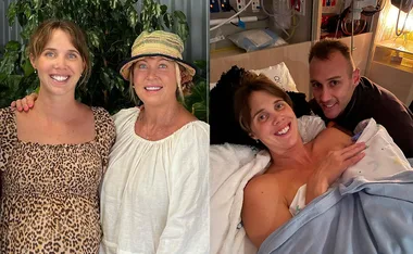 A woman is seen with her mother on the left, and in a hospital bed with her partner after giving birth on the right.