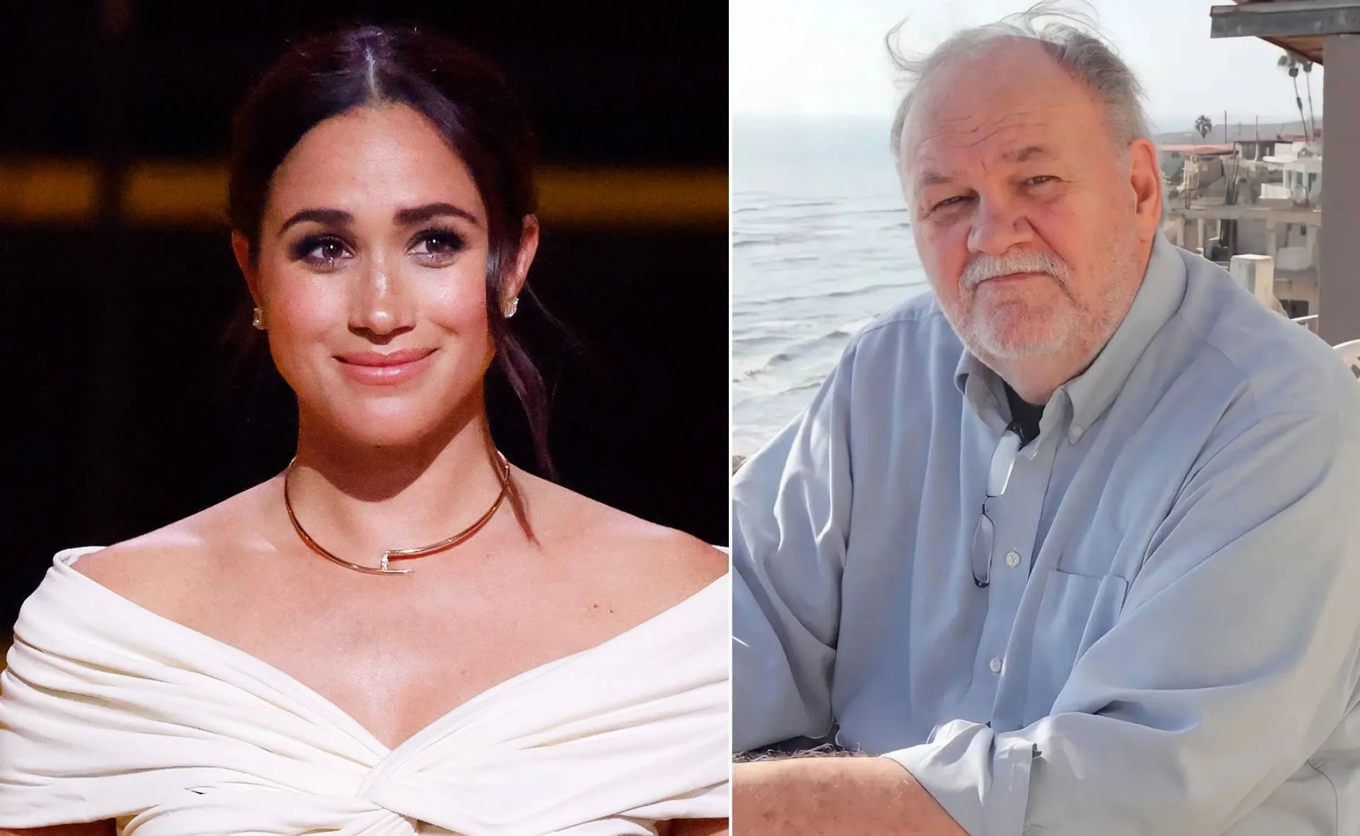 Two people side by side; woman in white with dark hair, man in blue shirt with white hair, outdoors by a beach.