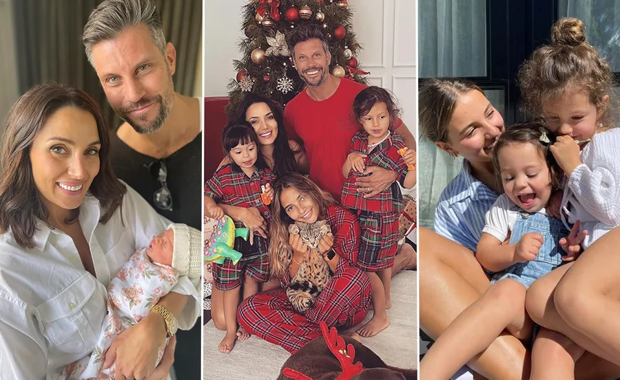 A family celebrating with Christmas pajamas, parents with newborn, group by a tree, and siblings cuddling outside.