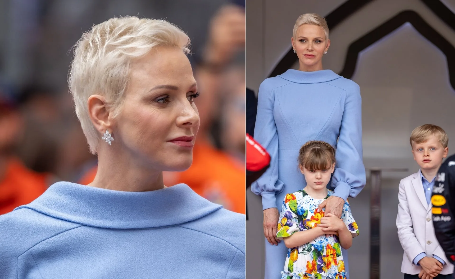 A woman in a light blue dress with short hair, stands with two children in formal wear.