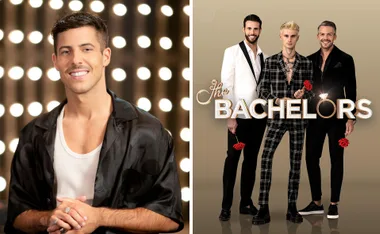 "Smiling man on left; three men holding roses in suits on right, 'The Bachelors' title in background."