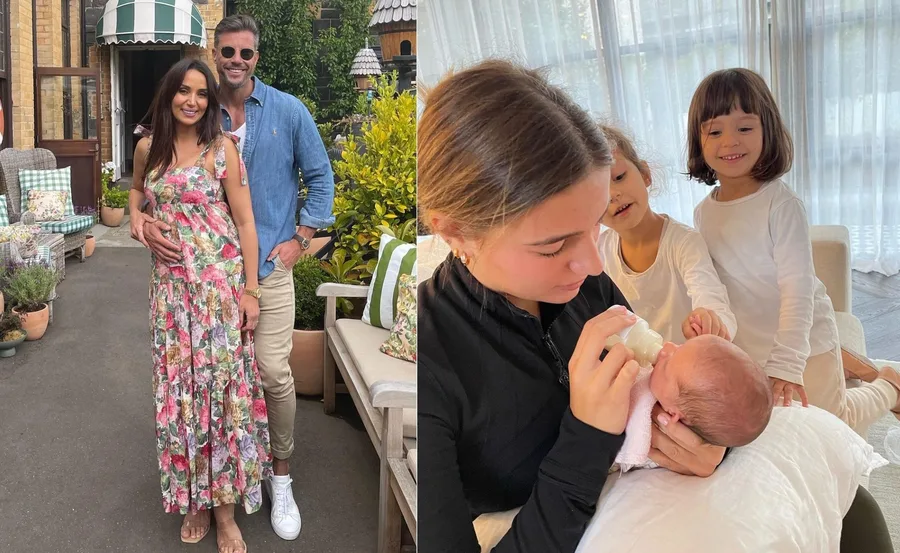 A couple smiling outdoors and a woman feeding a baby with two children nearby in a cozy indoor setting.