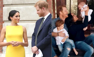 A couple smiling at each other, and in another photo, they're with two small children, laughing on steps outdoors.