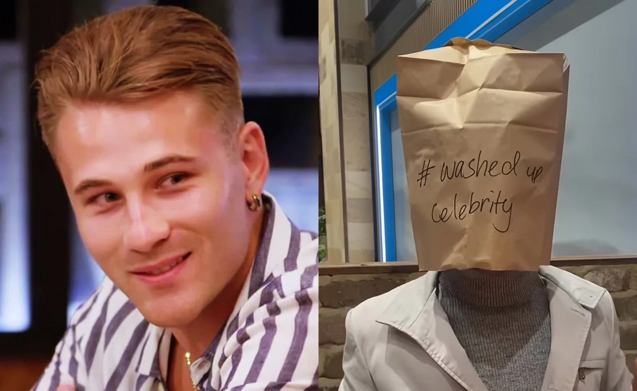 A smiling man with short hair and a person with a paper bag over their head labeled "#washed up celebrity."
