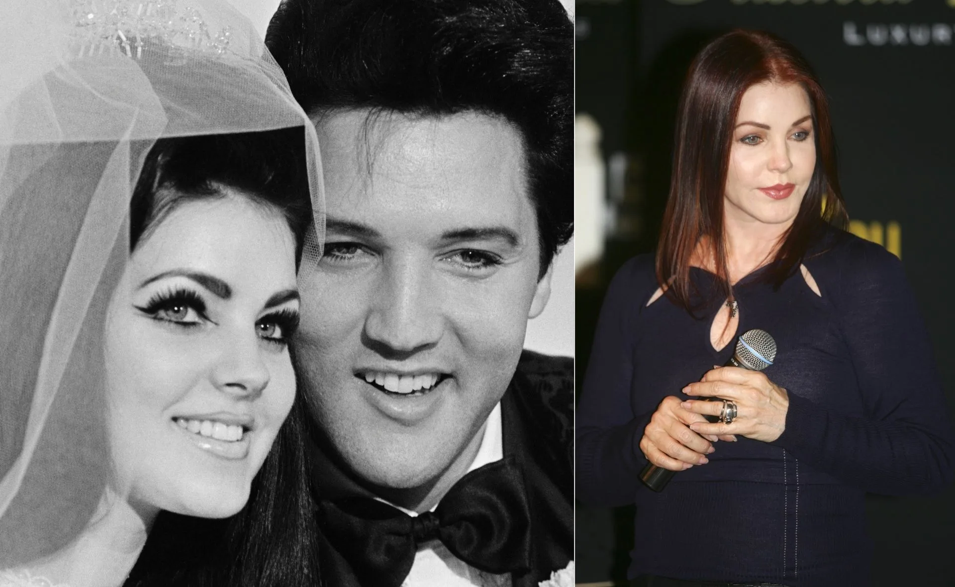 Left: Black and white photo of a smiling bride and groom. Right: Woman with auburn hair holding a microphone.