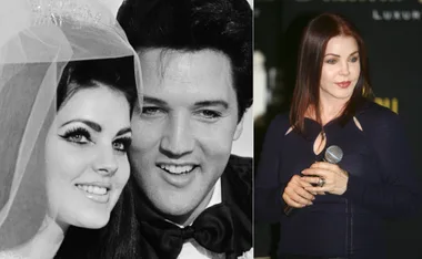 Left: Black and white photo of a smiling bride and groom. Right: Woman with auburn hair holding a microphone.
