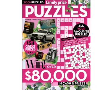Family prize puzzle magazine cover, features prizes like a car, coffee maker, promotes $80,000 in cash and prizes.