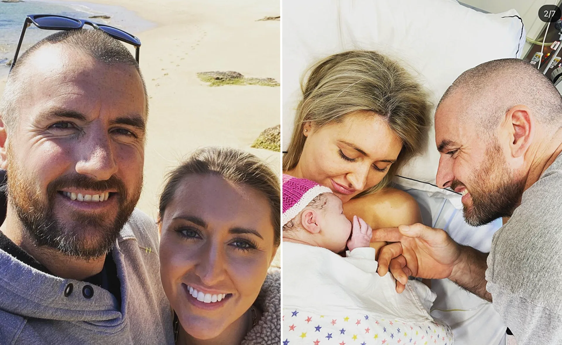 Man and woman taking a selfie on beach; woman in a hospital bed holding a newborn baby, man smiling beside them.
