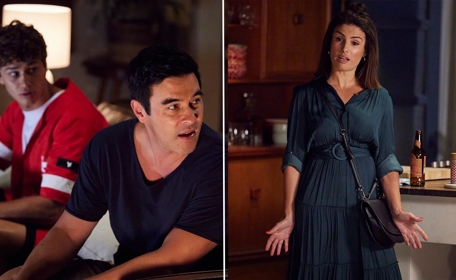 Characters in a heated discussion in a living room; one standing, two seated, with a bottle on the counter nearby.