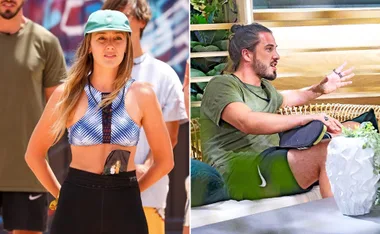 Woman in sportswear and cap outdoors; man with bun, green shirt, and shorts sitting indoors, gesturing.