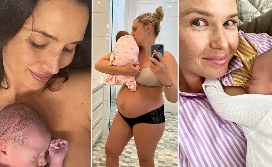 Three women cradling their newborn babies in close and tender moments, showcasing early motherhood.
