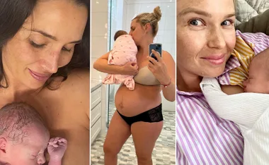 Three women cradling their newborn babies in close and tender moments, showcasing early motherhood.