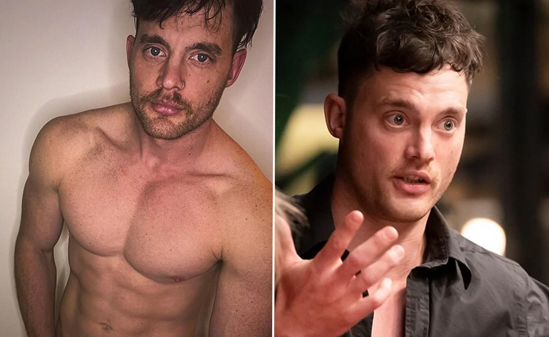 Split image: shirtless man on left, same man on right talking with expressive hand gesture.
