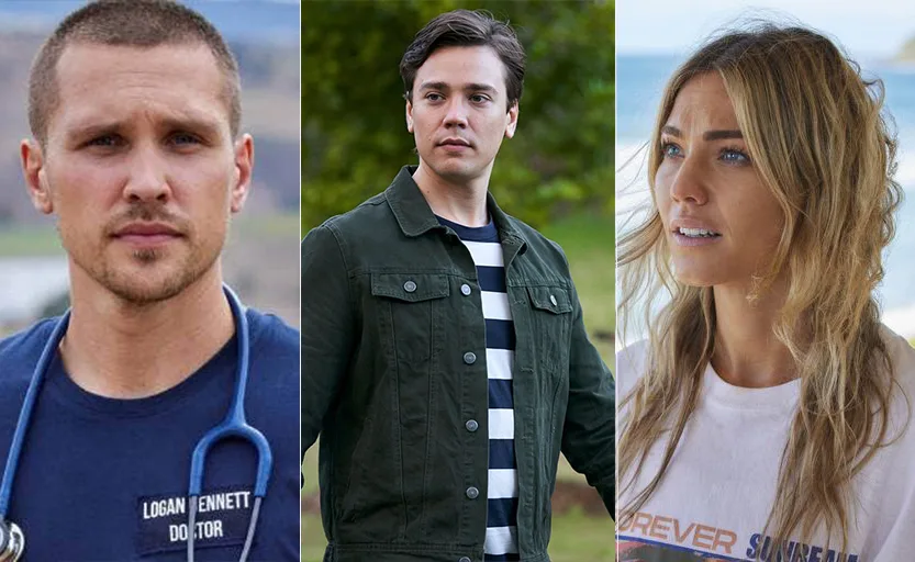 Three characters from "Home and Away" series in different settings, each in an outdoor scene.